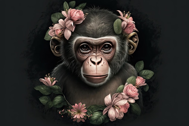 Portrait d'un mignon bébé singe femelle avec des roses roses Image tendre Fond sombre AI générative