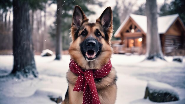 Portrait d'un mignon berger allemand domestique dans un foulard à points rouges avec de la neige