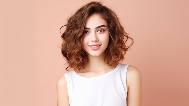 Portrait de mignon charmant joli adolescent adolescent look coiffure cheveux se sentir heureux attrayant mignon porter blanc haut clair singlet isolé fond beige pastel