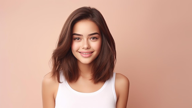 Portrait de mignon charmant joli adolescent adolescent look coiffure cheveux se sentir heureux attrayant mignon porter blanc haut clair singlet isolé fond beige pastel