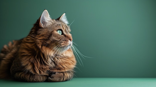 Portrait d'un mignon chat assis contre une surface verte propre avec de l'espace pour le texte ou le produit IA générative