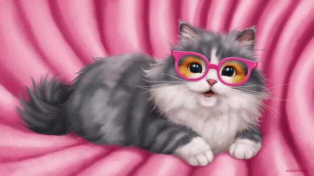 Portrait d'un mignon chat gris et blanc en peluche dans des lunettes roses au soleil allongé sur un fond rose