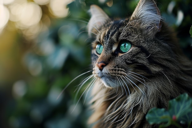 portrait d'un mignon chat à poil long brun vert en gros plan