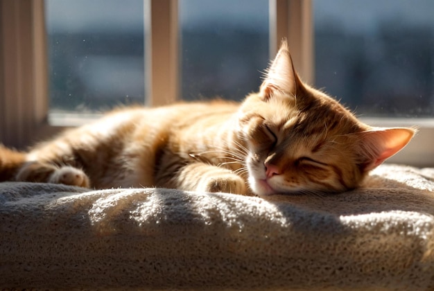 Portrait d'un mignon chat qui dort à la lumière du soleil sur une couverture Close-up du visage d'un chat endormi