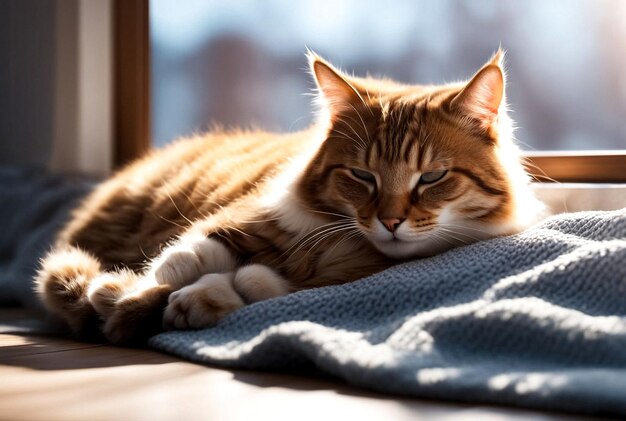 Portrait d'un mignon chat qui dort à la lumière du soleil sur une couverture Close-up du visage d'un chat endormi