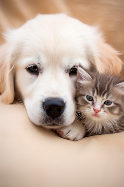 Portrait mignon d'un chaton avec un chiot Animal d'IA génératif