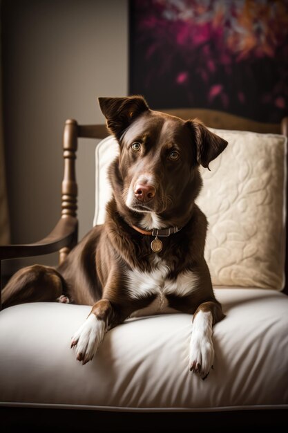 Portrait d'un mignon chien blanc et marron sur un fauteuil créé à l'aide de la technologie générative ai