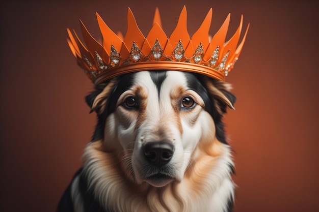 Portrait d'un mignon chien avec une couronne dorée sur un fond de couleur solide