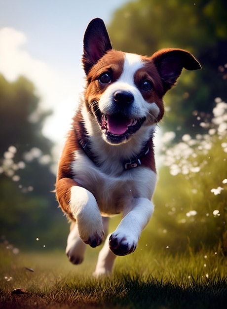 Portrait d'un mignon chien Jack Russell blanc et marron courant sur l'herbe