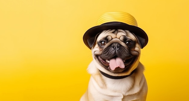 Portrait d'un mignon chien pug dans un chapeau Petit chien souriant sur un fond jaune brillant et à la mode