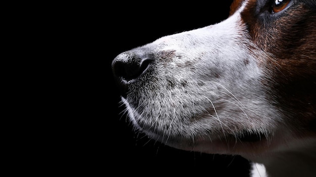 Portrait d'un mignon chien de race mélangée rouge et blanc sur fond gris