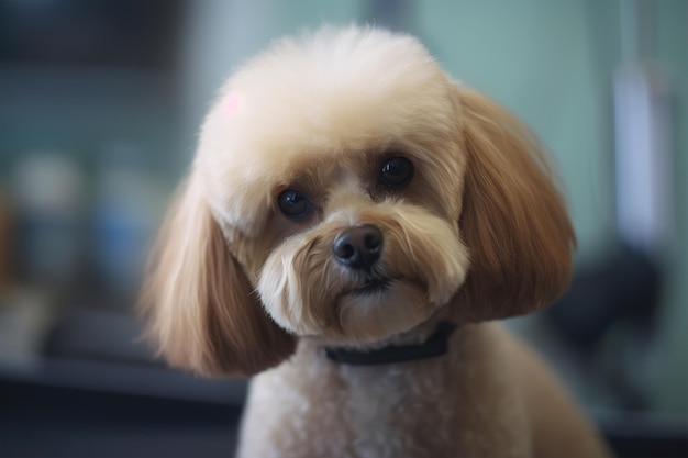 Portrait d'un mignon chien taillé duveteux regardant la caméra AI générative