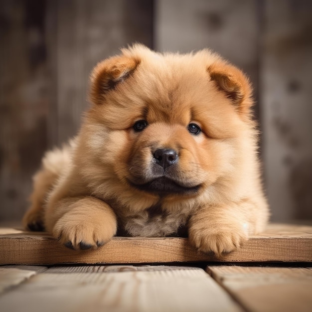 Portrait de mignon chiot chow chow allongé sur un plancher en bois créé à l'aide de la technologie générative ai