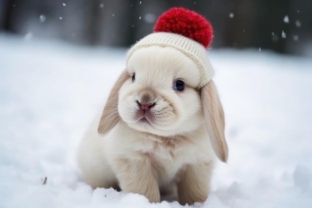 Portrait d'un mignon chiot de lapin avec un chapeau rouge