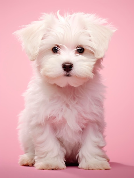 Portrait d'un mignon chiot maltais sur fond rose