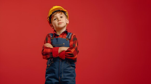 Portrait d'un mignon enfant constructeur portant un casque et des vêtements de travail