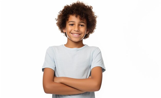 Photo portrait d'un mignon garçon afro-américain souriant portant une chemise sur un fond blanc