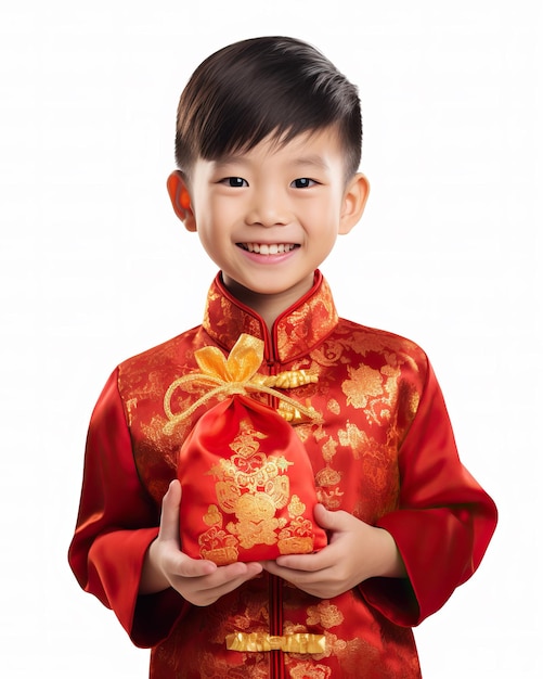 Photo portrait d'un mignon garçon chinois tenant un sac rouge d'argent joyeux nouvel an chinois