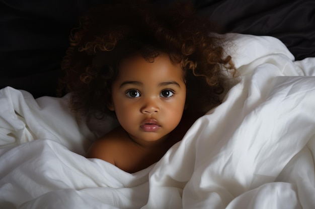 Portrait d'un mignon petit bébé afro-américain regardant la caméra tout en étant allongé dans son lit à la maison