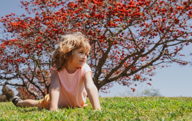 Portrait d'un mignon petit enfant allongé dans l'herbe en plein air concept d'enfance heureuse