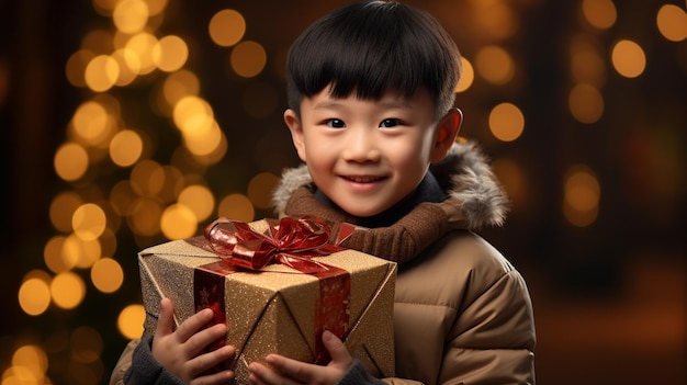 Portrait d'un mignon petit garçon asiatique avec une boîte à cadeaux