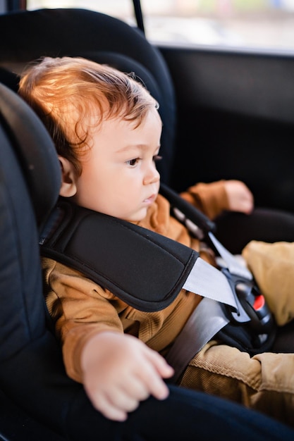 Portrait d'un mignon petit garçon assis dans un siège de voiture noir attaché avec des ceintures de sécurité