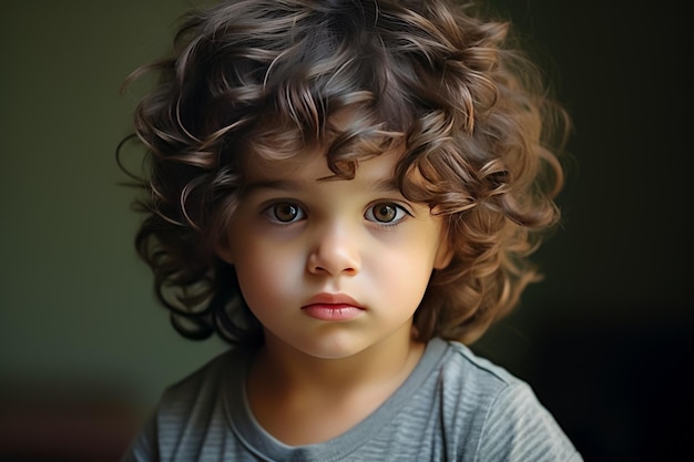 Portrait d'un mignon petit garçon aux cheveux bouclés dans un T-shirt blanc