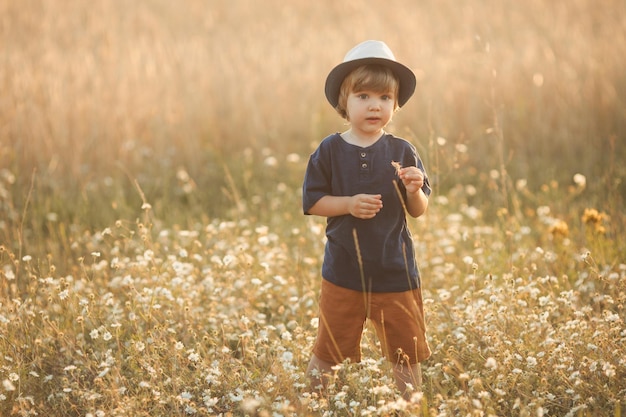 Portrait d'un mignon petit garçon caucasien de 3 ans en chapeau de paille marchant et jouant dans un champ de camomille