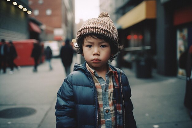 Photo portrait d'un mignon petit garçon avec un chapeau dans la rue