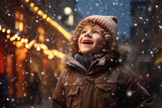 Portrait d'un mignon petit garçon dans la rue de Noël en hiver