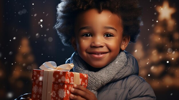 Portrait d'un mignon petit garçon noir avec une boîte à cadeaux