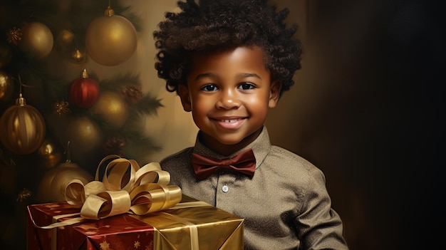 Portrait d'un mignon petit garçon noir avec une boîte à cadeaux