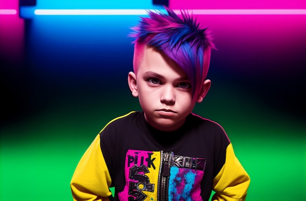 Portrait d'un mignon petit garçon punk avec des cheveux colorés sur son bras Generative AI