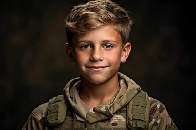 Portrait d'un mignon petit garçon en uniforme militaire sur un fond sombre