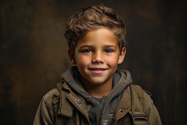 Portrait d'un mignon petit garçon en uniforme militaire sur un fond sombre