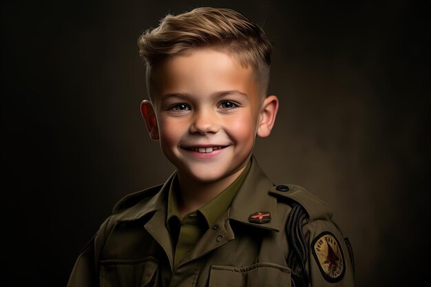 Portrait d'un mignon petit garçon en uniforme militaire sur un fond sombre