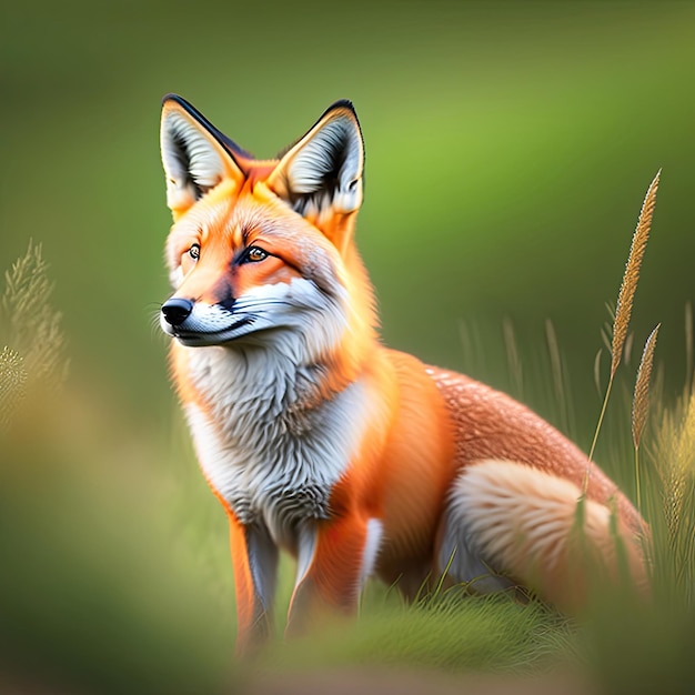 Portrait d'un mignon renard rouge Vulpes vulpes assis dans l'herbe verte Renard rouge dans le pré Digital ar