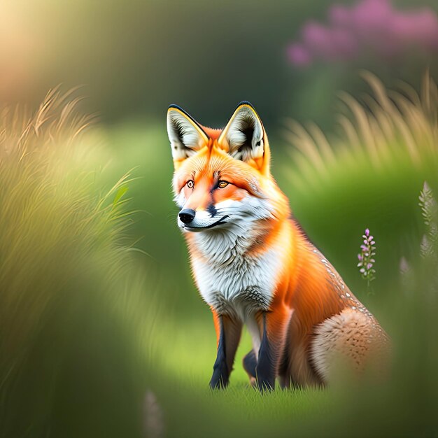 Portrait d'un mignon renard rouge Vulpes vulpes assis dans l'herbe verte Renard rouge dans le pré Digital ar