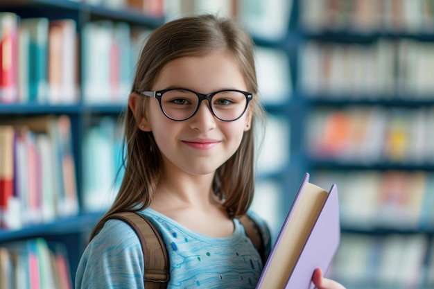 Portrait d'une mignonne adolescente portant des lunettes et tenant un livre