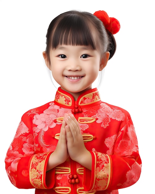 Photo portrait d'une mignonne fille chinoise avec un geste de félicitations sur blanc bonne année chinoise