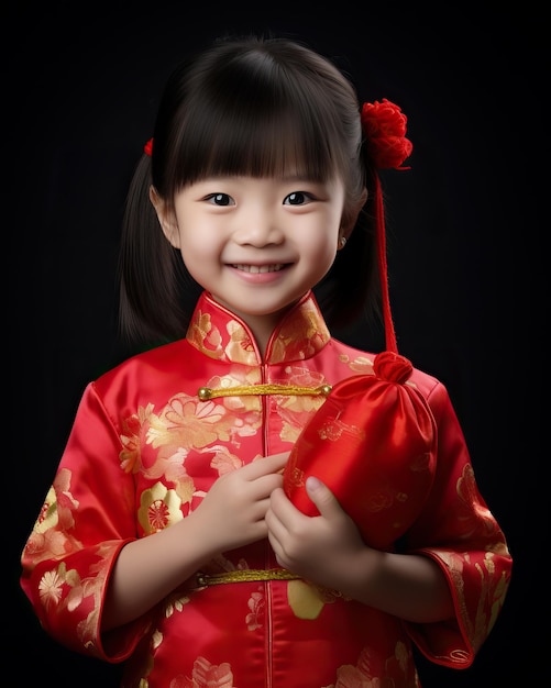 Photo portrait d'une mignonne fille chinoise tenant un sac rouge d'argent bonne année chinoise