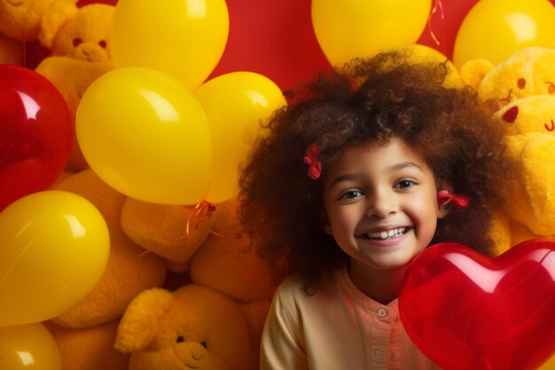 Photo portrait d'une mignonne petite fille afro-américaine avec un ballon en forme de cœur et un ours en peluche sur un fond rouge