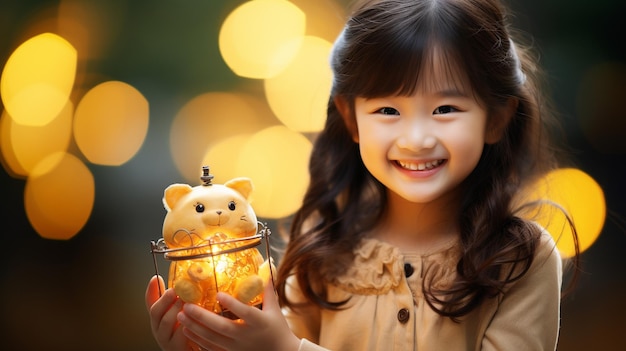 Portrait d'une mignonne petite fille asiatique avec une boîte à cadeaux