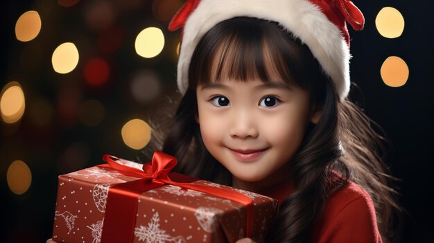 Portrait d'une mignonne petite fille asiatique avec une boîte à cadeaux