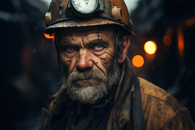 Portrait d'un mineur d'âge moyen sombre sur un fond de mine défocalisé