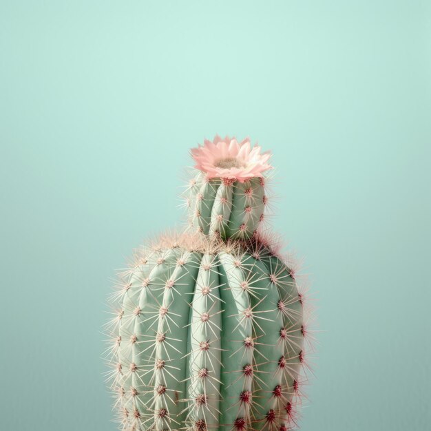 Photo portrait minimaliste de cactus vert en fleurs sur bac turquoise