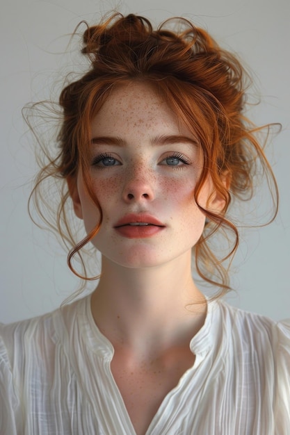 Un portrait minimaliste d'une mannequin rousse sur un fond blanc