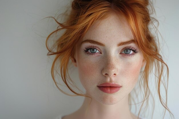 Un portrait minimaliste d'une mannequin rousse sur un fond blanc