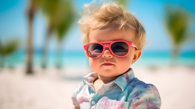 Portrait de mode d'un adorable petit garçon portant des lunettes de soleil à la mode sur un fond pastel Explorez la douceur et le charme de cette petite icône de la mode alors qu'il ajoute un peu d'ambiance d'été