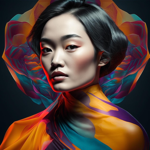 Portrait de mode d'art abstrait surréaliste ai générative jeune femme asiatique posant
